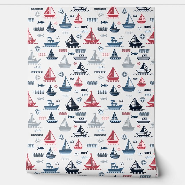 Nautical Pattern with Sailboats and Fish Wallpaper (Unrolling)