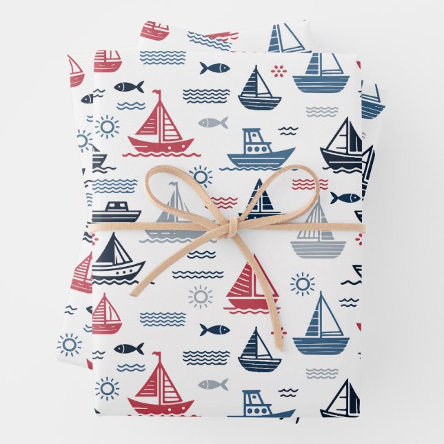 Nautical Pattern with Sailboats and Fish Wrapping Paper Sheet (In situ)