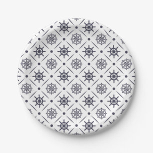 Nautical pattern with sailing wheel and compass paper plate