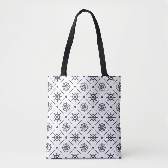 Nautical pattern with sailing wheel and compass tote bag (Front)