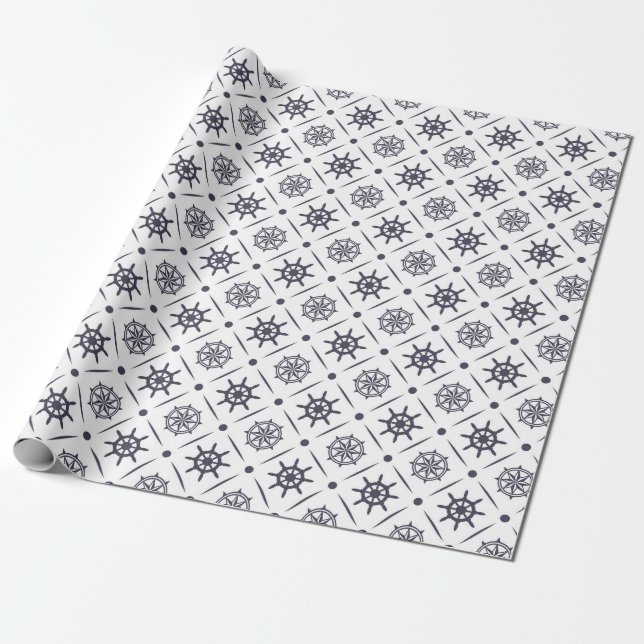 Nautical pattern with sailing wheel and compass wrapping paper (Unrolled)