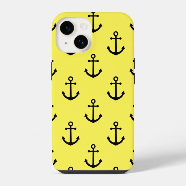 Nautical Patterned Black Anchor Yellow Background iPhone Case (Back)