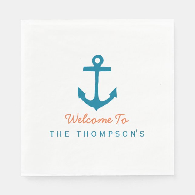Nautical Personalised Aqua and Orange Napkin (Front)