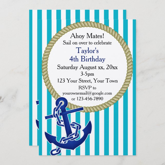 Nautical Personalised Birthday Party Invitation (Front/Back)
