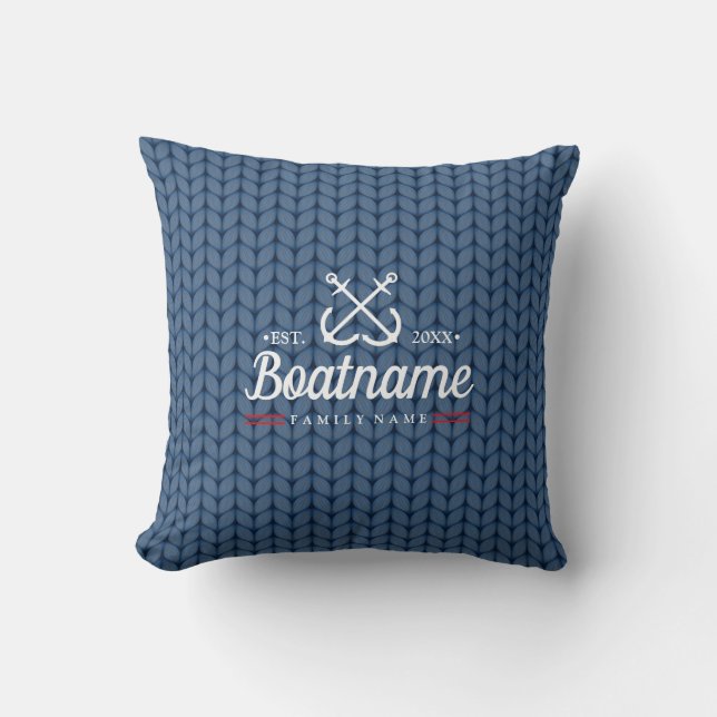 Nautical Personalised Boat Name Blue Wool Cushion (Front)
