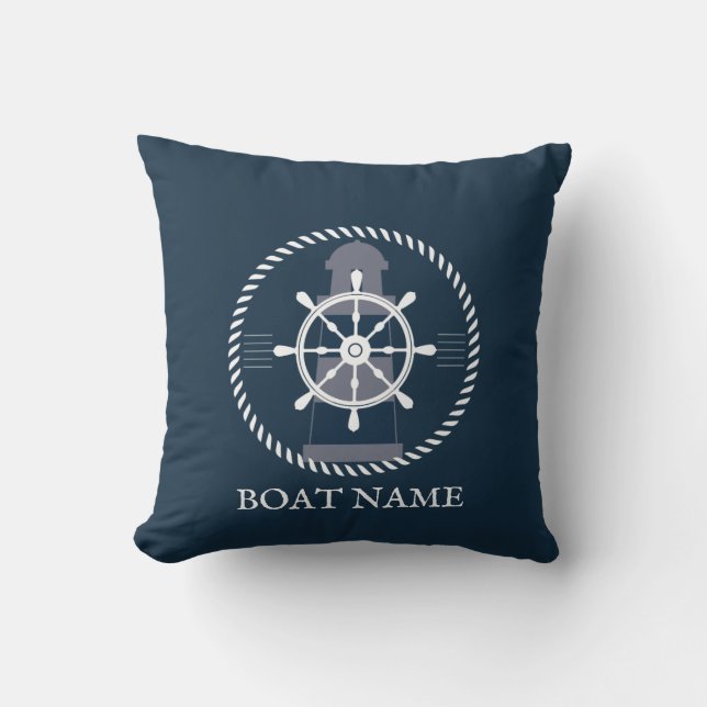 Nautical Personalised Boat Name Navy Blue Cushion (Front)