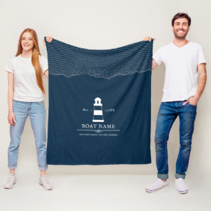 Nautical Personalised lighthouse Blue Boat Name Fleece Blanket