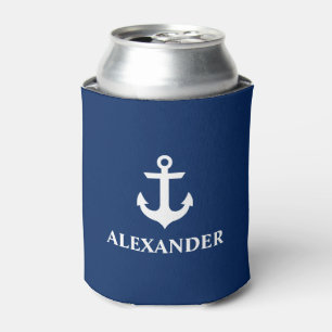 Nautical Personalised Name Anchor Navy Blue Can Cooler
