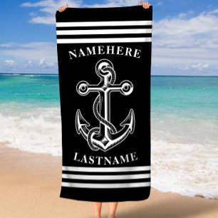 Nautical Personalised Name Black Anchor with Rope Beach Towel