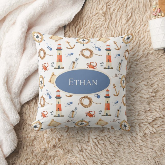 Nautical Personalised Name Navy Nursery Cushion (Blanket)