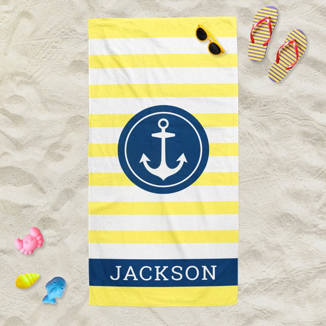 Nautical Personalised Name Navy Yellow Striped Beach Towel (Creator Uploaded)