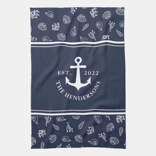 Nautical Personalised Navy Blue Anchor Family Tea Towel (Vertical)