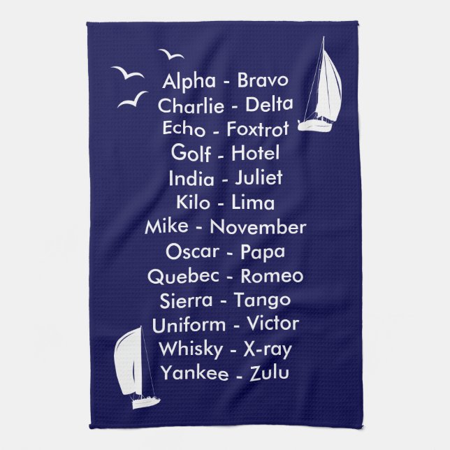 Nautical Phonetic Alphabet Navy Blue Yachting Tea Towel (Vertical)