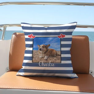 Nautical Photo Boat Decor Hearts Blue White Stripe Cushion