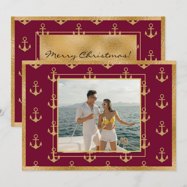 Nautical Photo Gold Anchors Christmas Xmas Card (Front/Back)