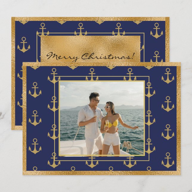 Nautical Photo Gold Anchors Christmas Xmas Card (Front/Back)