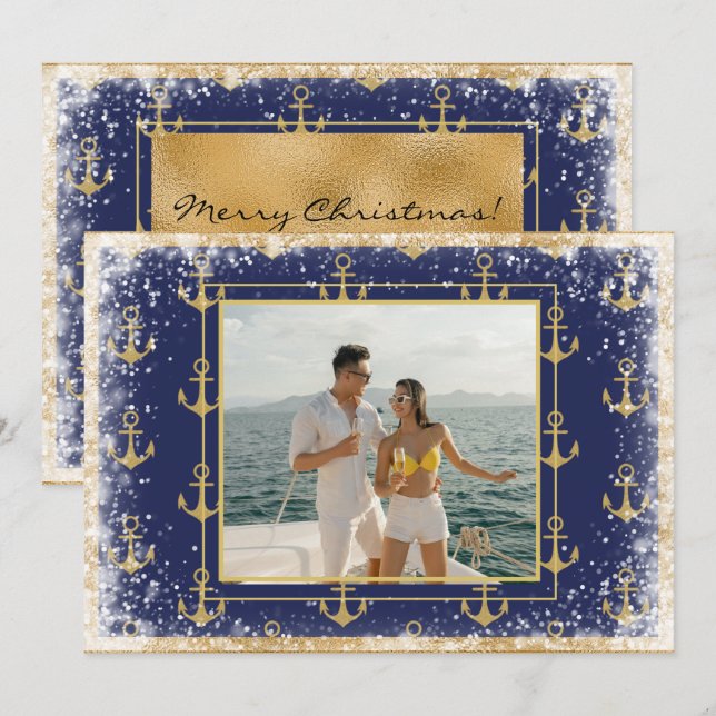 Nautical Photo Gold Blue Christmas Xmas Card (Front/Back)