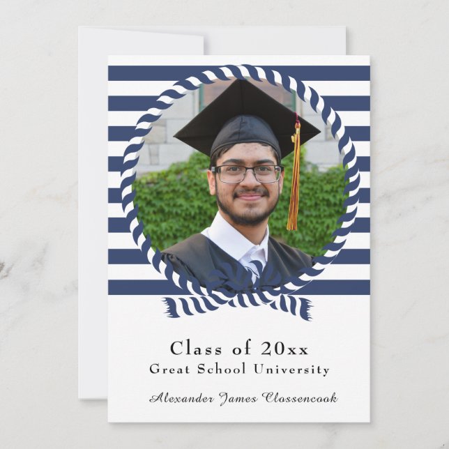 Nautical Photo Navy Blue White stripes Graduation Announcement (Front)