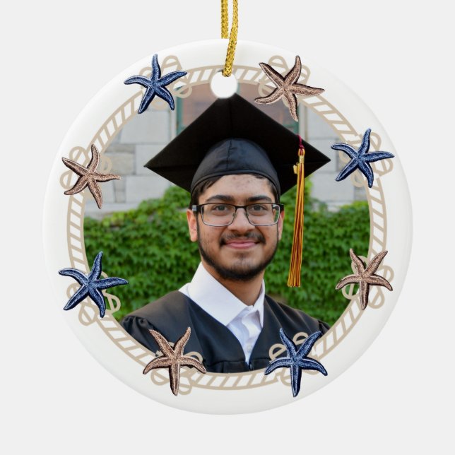 Nautical Photo Navy Blue White stripes Graduation  Ceramic Tree Decoration (Front)