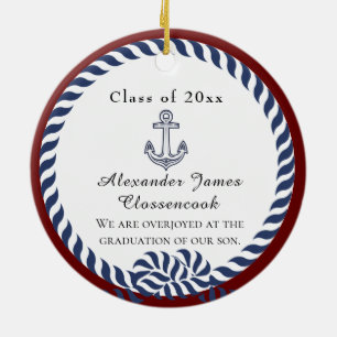 Nautical Photo Navy Blue White stripes Graduation Ceramic Tree Decoration
