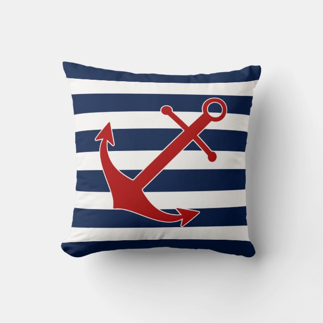 Nautical Pillow, Anchor, Blue and White Maritime Cushion (Front)