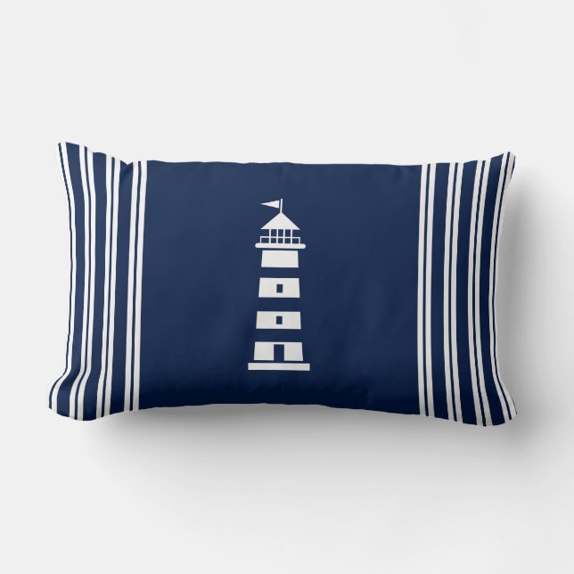 Nautical Pillow, Blue and White, Lighthouse Lumbar Lumbar Cushion (Front)