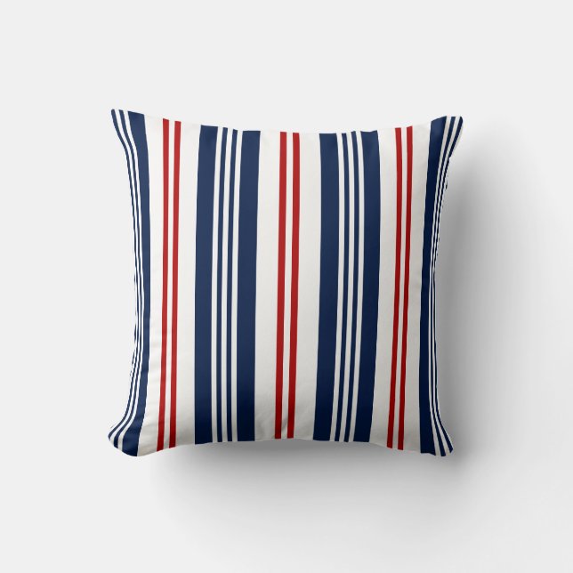 Nautical Pillow, Blue, White, Red Striped Pillow (Front)