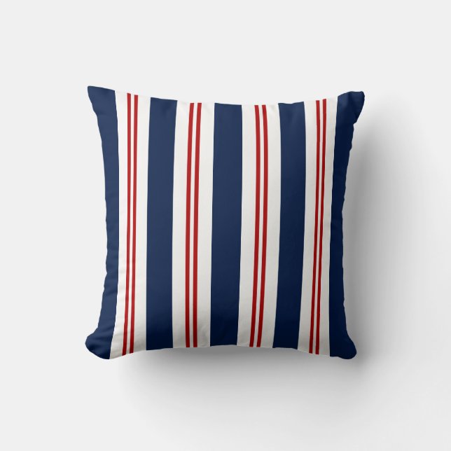 Nautical Pillow, Blue White Red Striped Pillow (Front)