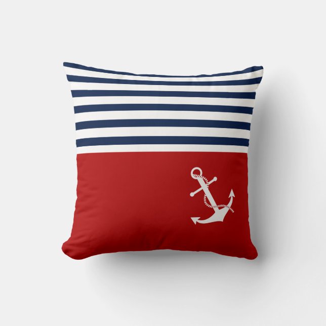 Nautical Pillow, Blue, White, Red Stripes, Anchor Cushion (Front)