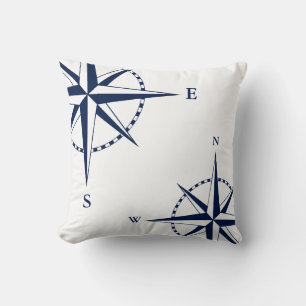 Nautical Pillow, Compass, Blue, White, Maritime Cushion