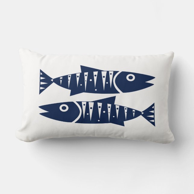Nautical Pillow Fishes Blue and White Coastal (Front)