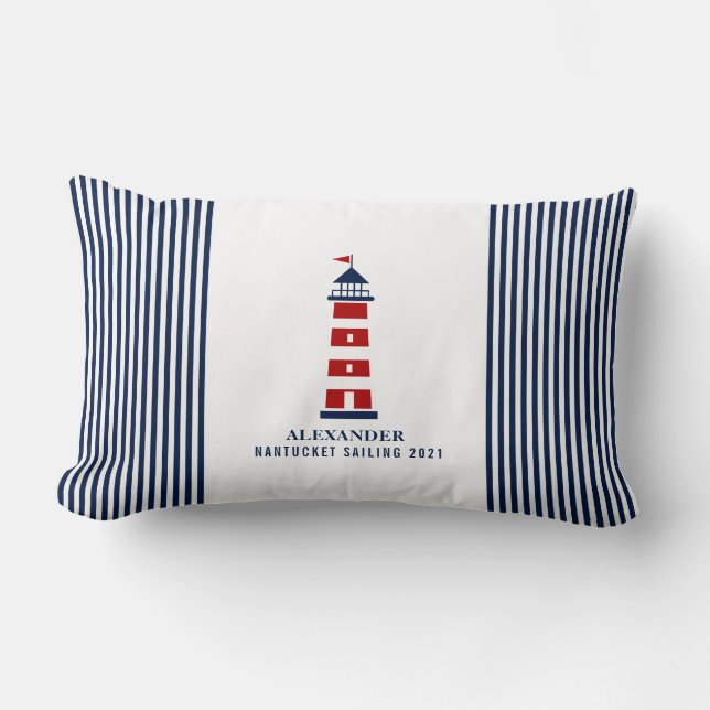 Nautical Pillow, Lighthouse, Name Pillow, Maritime Lumbar Cushion (Front)