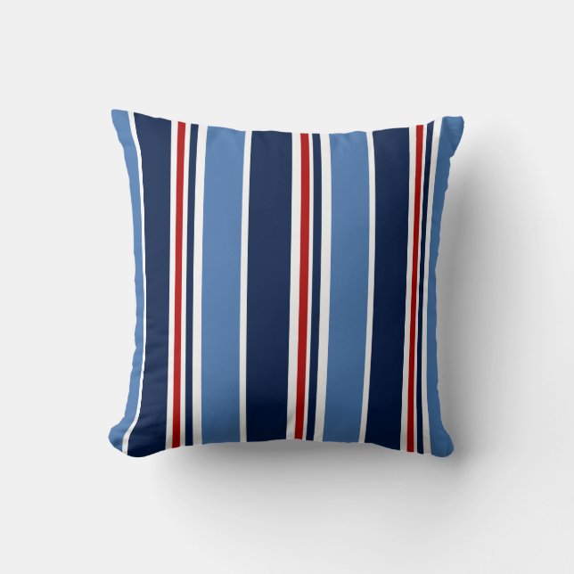 Nautical Pillow, Red, White, Blue Stripes, Maritim Cushion (Front)