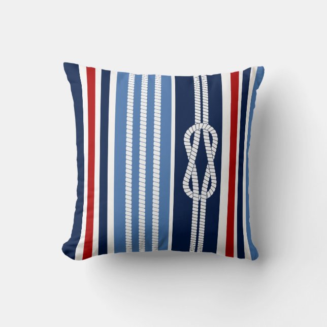 Nautical Pillow, Red, White, Blue Stripes, Maritim Cushion (Front)