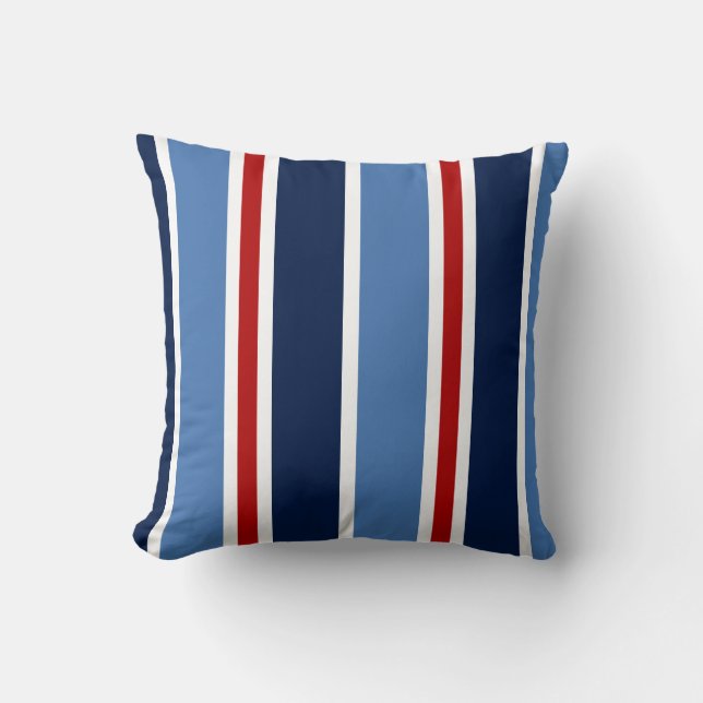 Nautical Pillow, Regatta Stripes, Blue, White, Red Cushion (Front)