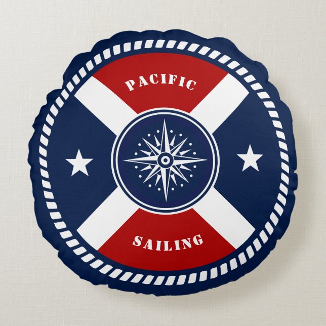 Nautical Pillow, Ring Buoy, Compass, Blue, Red Round Cushion (Front)