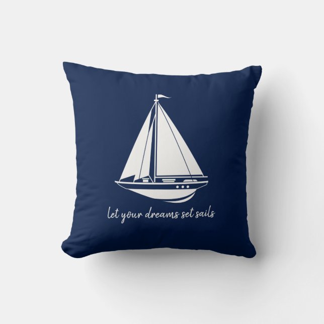 Nautical Pillow, Sailboat, Blue and White Maritime Cushion (Front)