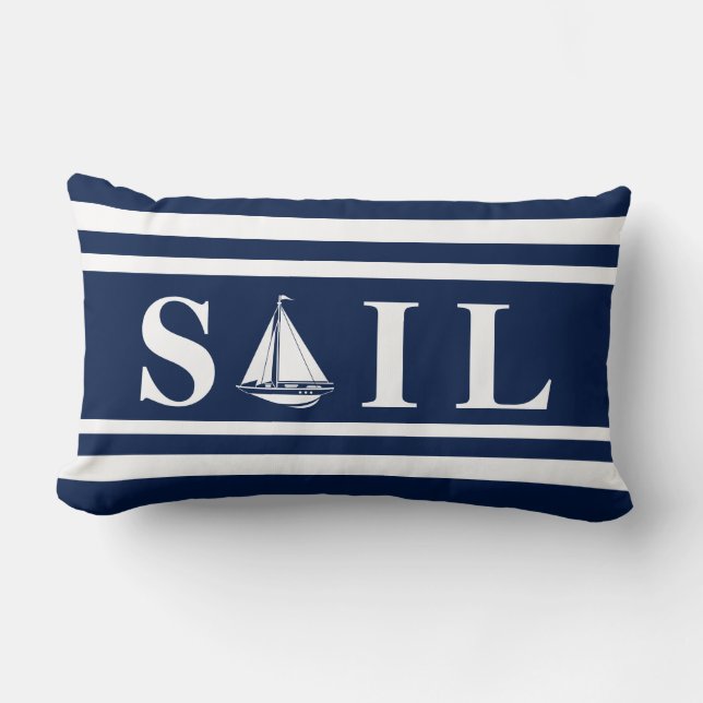 Nautical Pillow, Sailboat, Blue, White, Maritime Lumbar Cushion (Front)