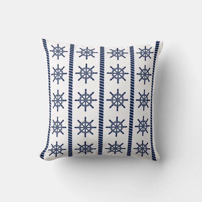 Nautical Pillow, Ship Wheel, Rope, Blue and White Cushion (Front)