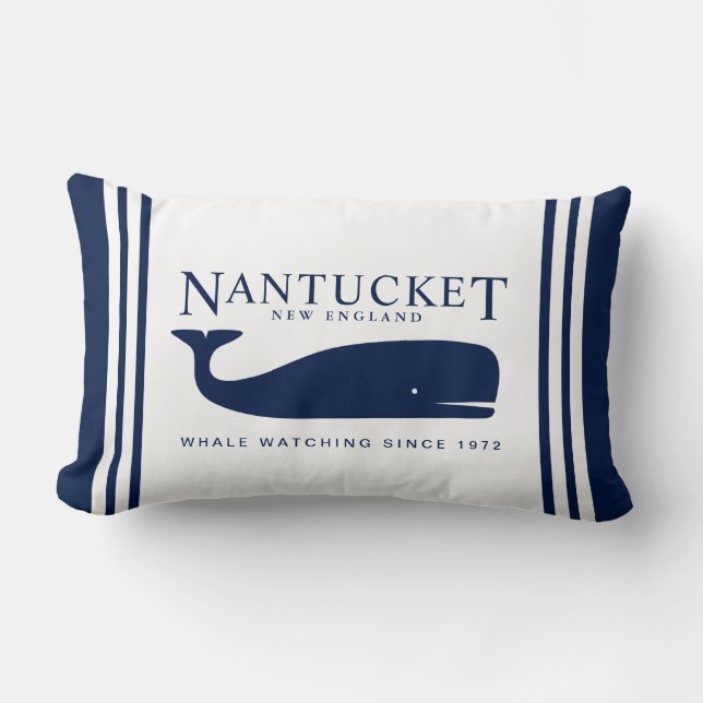 Nautical Pillow, Whale, Blue and White, Maritime Lumbar Cushion (Front)