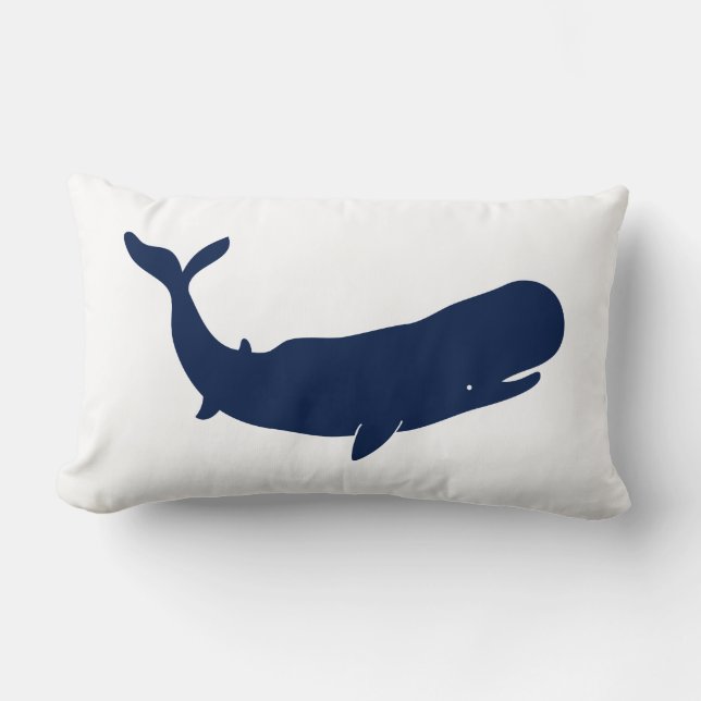 Nautical Pillow, Whale, Blue and White, Maritime Lumbar Cushion (Front)