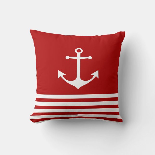 Nautical Pillow, White, Red Stripes, Anchor Pillow (Front)