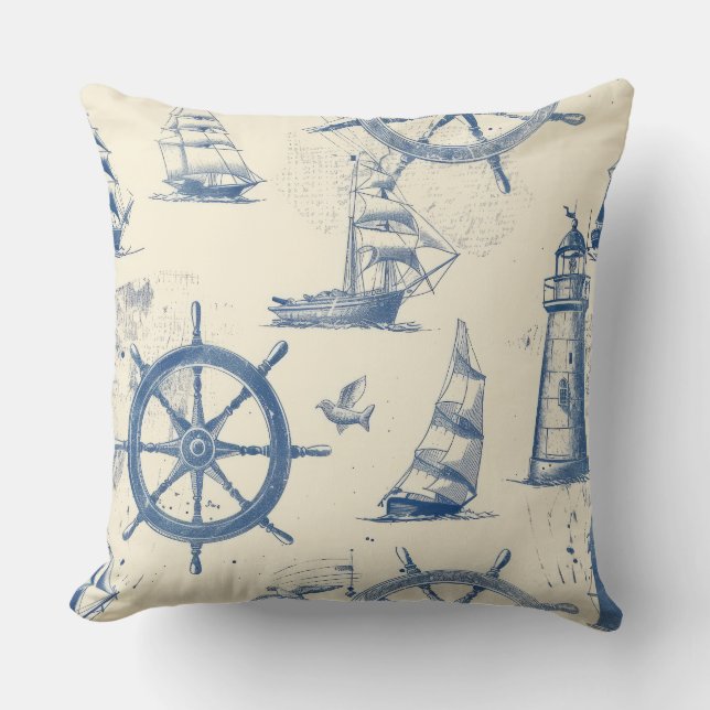Nautical Pillow with Anchor and Ship Wheel Design (Front)