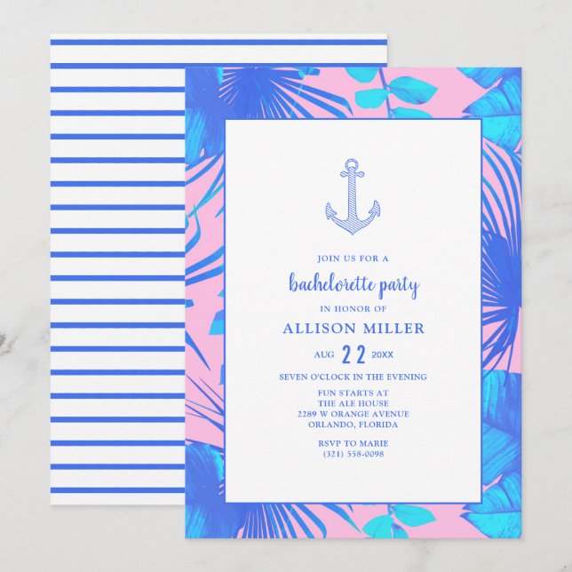 Nautical Pink and Blue Bachelorette Party Invitation (Front/Back)