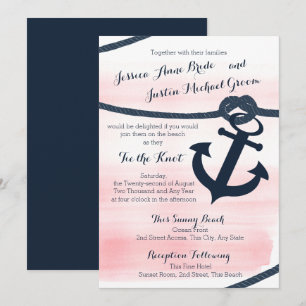 Nautical Pink and Navy Rope and Anchor Wedding Invitation