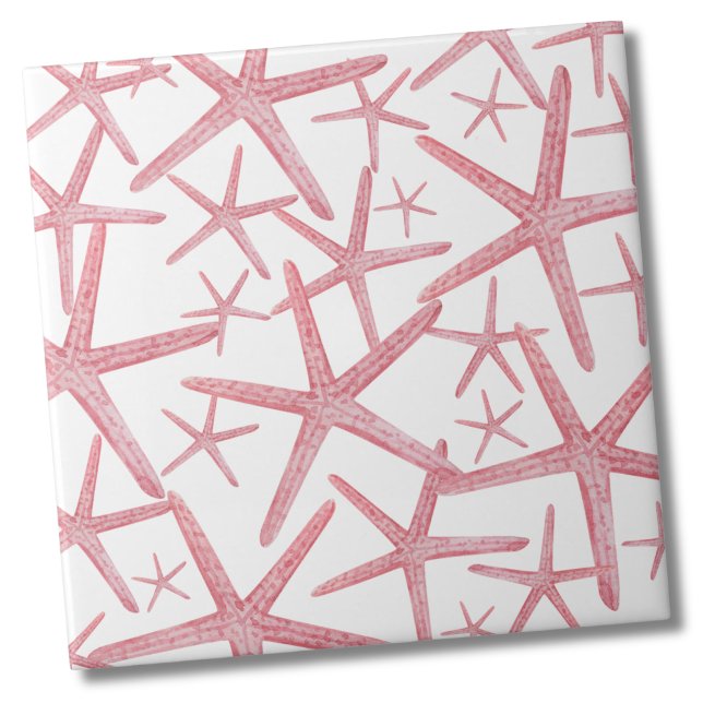 Nautical Pink Beach House Tile (Nautical Starfish Sea Beach Pattern Ceramic Tile)
