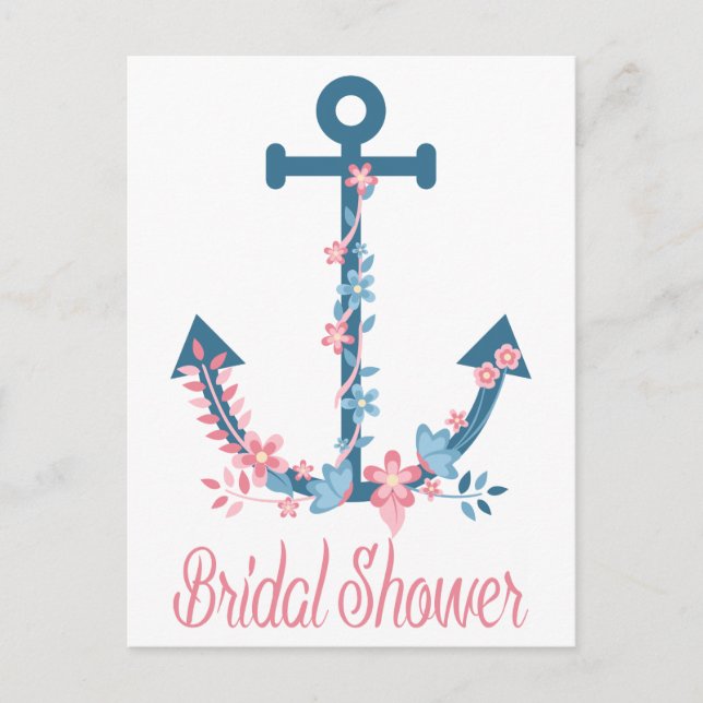 Nautical Pink & Blue Bridal Shower Anchor Floral Invitation Postcard (Front)