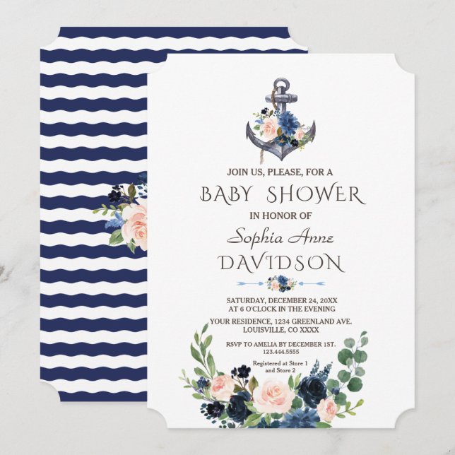 Nautical Pink Blush Blue Floral Anchor Baby Shower Invitation (Front/Back)