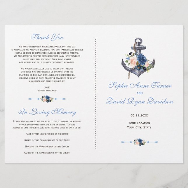 Nautical Pink Blush Blue Floral Anchor Program Flyer (Front)