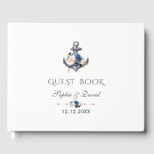 Nautical Pink Blush Blue Floral Anchor Wedding Guest Book